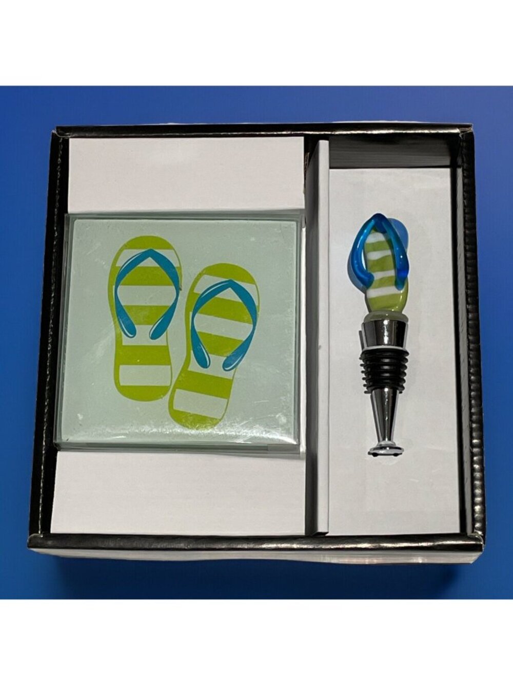 Murano Glass Coasters (2) & Wine Bottle Stopper Set Flip Flops Beach Coastal NEW